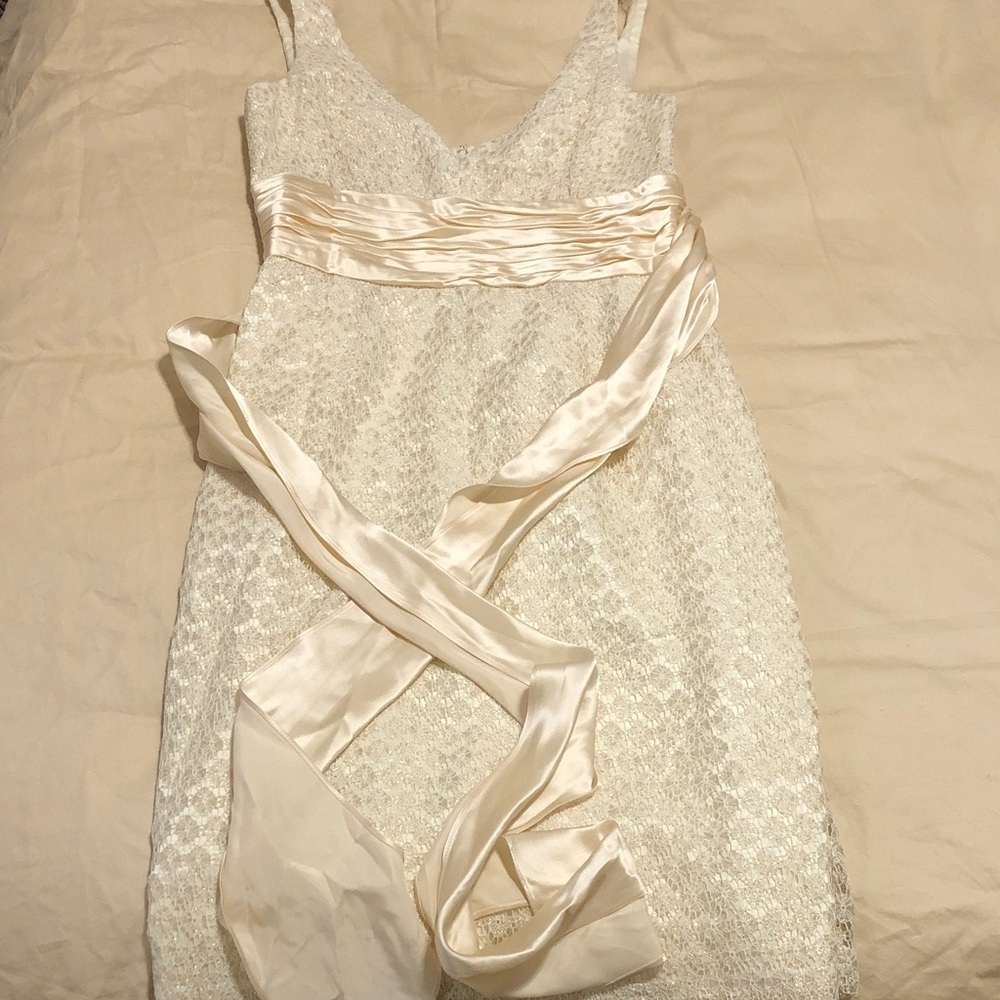 Maggy London Ivory Lace Dress with Silk Sash and Gold Detail 6
